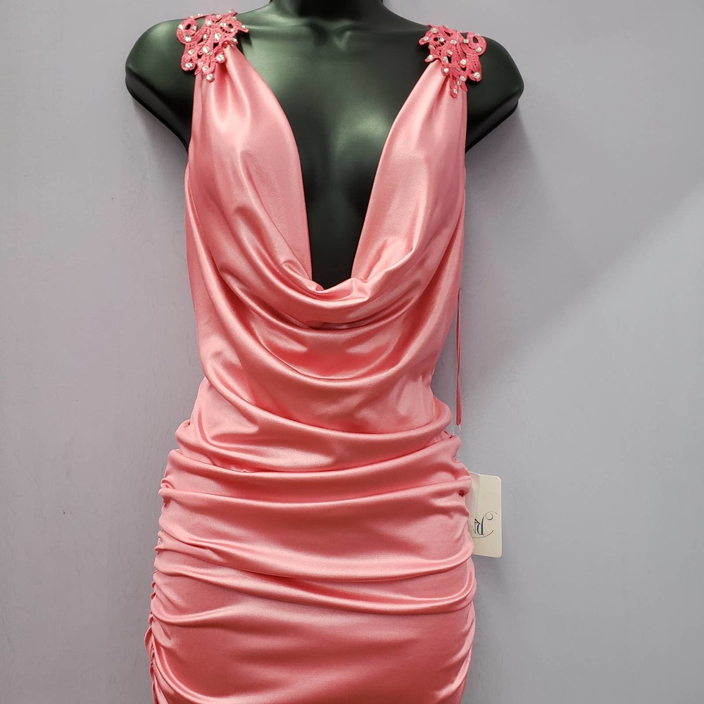 Jovani Pink Satin Cowl Neck Mini Dress with Embellished Shoulders
